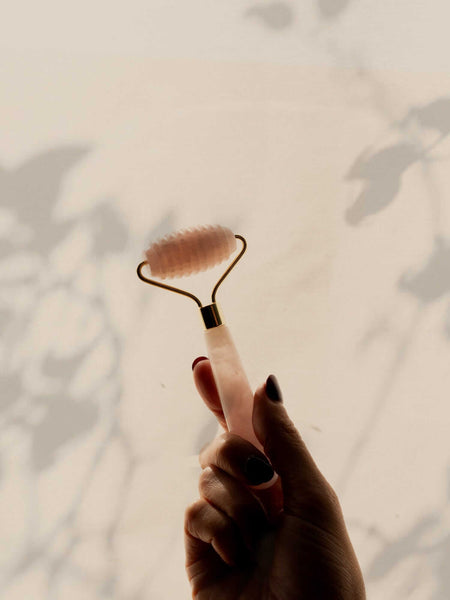 Rose Quartz Ridged Facial Roller – Textured Therapy Tool for Deep Facial Massage